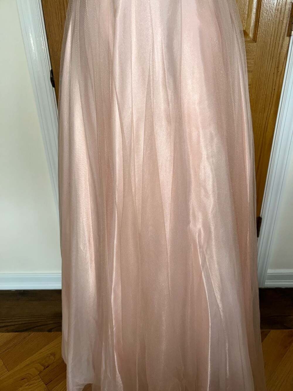 Blush Pink Tulle Formal Prom Dress with Feather Sleeves and Sequined Bodice - Picture 2 of 4